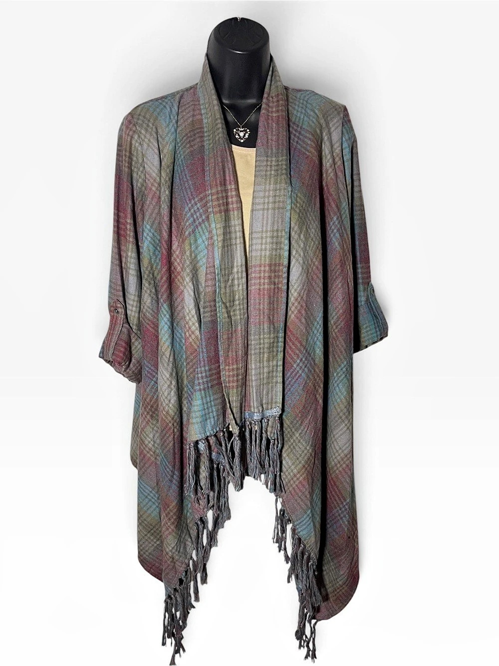 NWT Billabong Forever Fall Plaid Kimono Cardigan Fringe Wrap Shawl Boho